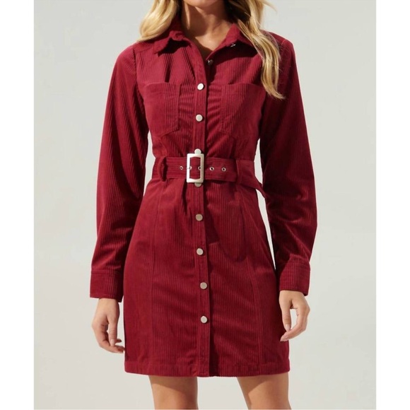 SUGARLIPS Dresses & Skirts - SUGARLIPS Corduroy Shirt Dress in Red Merlot Women’s XS NWT NEW